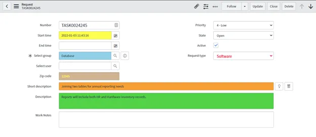 Form with fields: Number, Start time (yellow), Select group (blue), Zip code (tan), Short description (orange), Description…