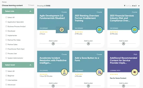 Learning content page with role and level filters on left, and course cards on right.